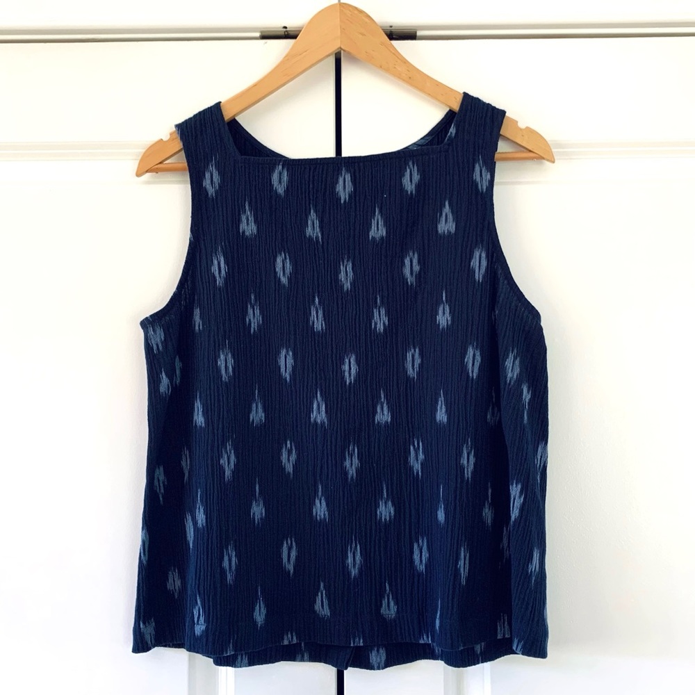 Eileen Fisher Cotton Tank Square Neck Blue Print Sleeveless Blouse Petite Medium